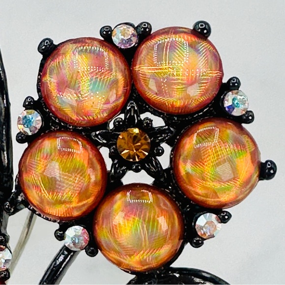 Retro Flower Brooch Pin with Red & Amber Holograph Gems Japanned Metal Statment - Picture 10 of 11